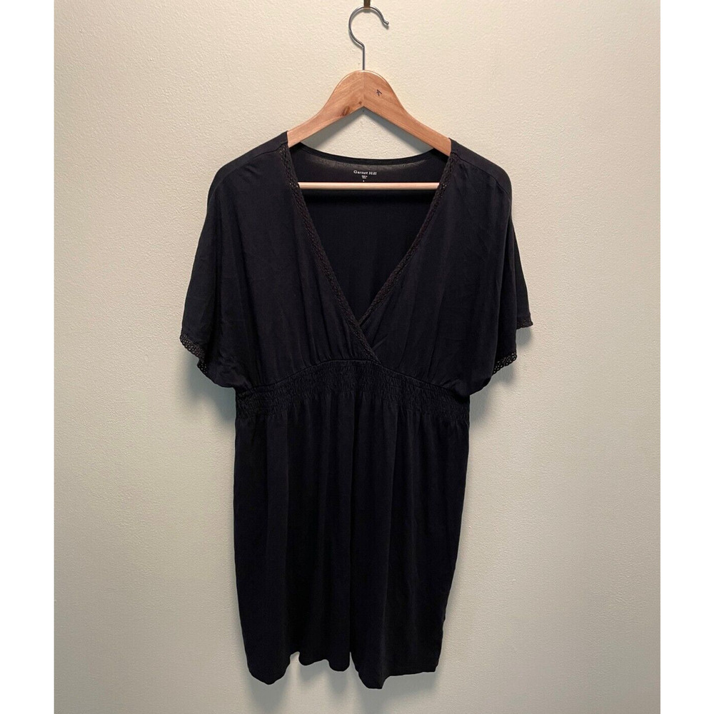 Garnet Hill Womens Dress Large Black Short Sleeve V Neck Smocked Neutral FLAW